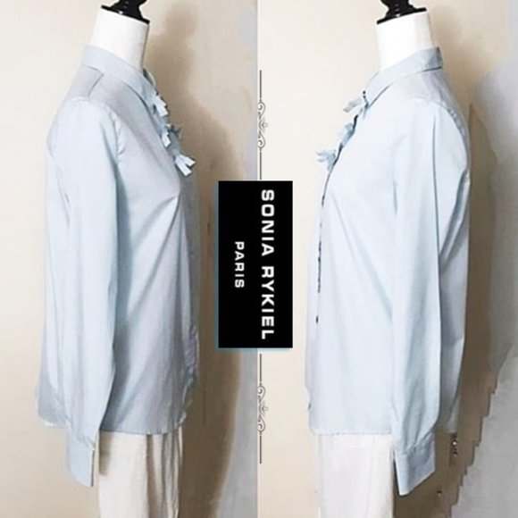 SONIA RYKIEL 100% Cotton Light Blue Pretty Triple Bow Blouse Top Button Collar - Picture 2 of 12